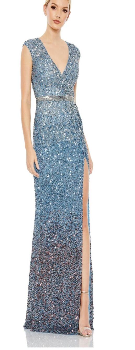 Mac Duggal - 5489 Cap Sleeve Ombre Sequin Gown, Blue Red Silver, Size 8 NWT